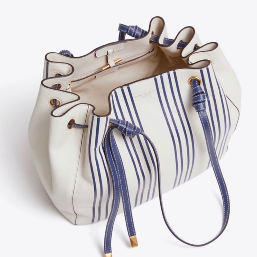 Tory Burch Cream and Navy Striped Drawstring Bucket Shoulder Bag - Picture 5 of 13